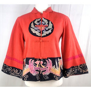 Vintage Batik Dragon Phoenix Jacket Boho Festival Frog Closure Bell Sleeve